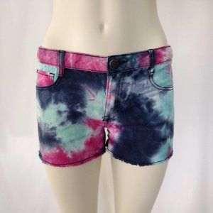 Cherokee Multicolored Tie Dye Print Fringe Hem Denim Shorts